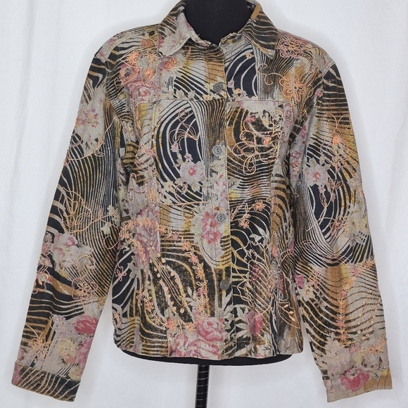 Chico's Embroidered Beaded Print Denim Lightweight Jacket - Size 2 (L/12-14) - Picture 1 of 12